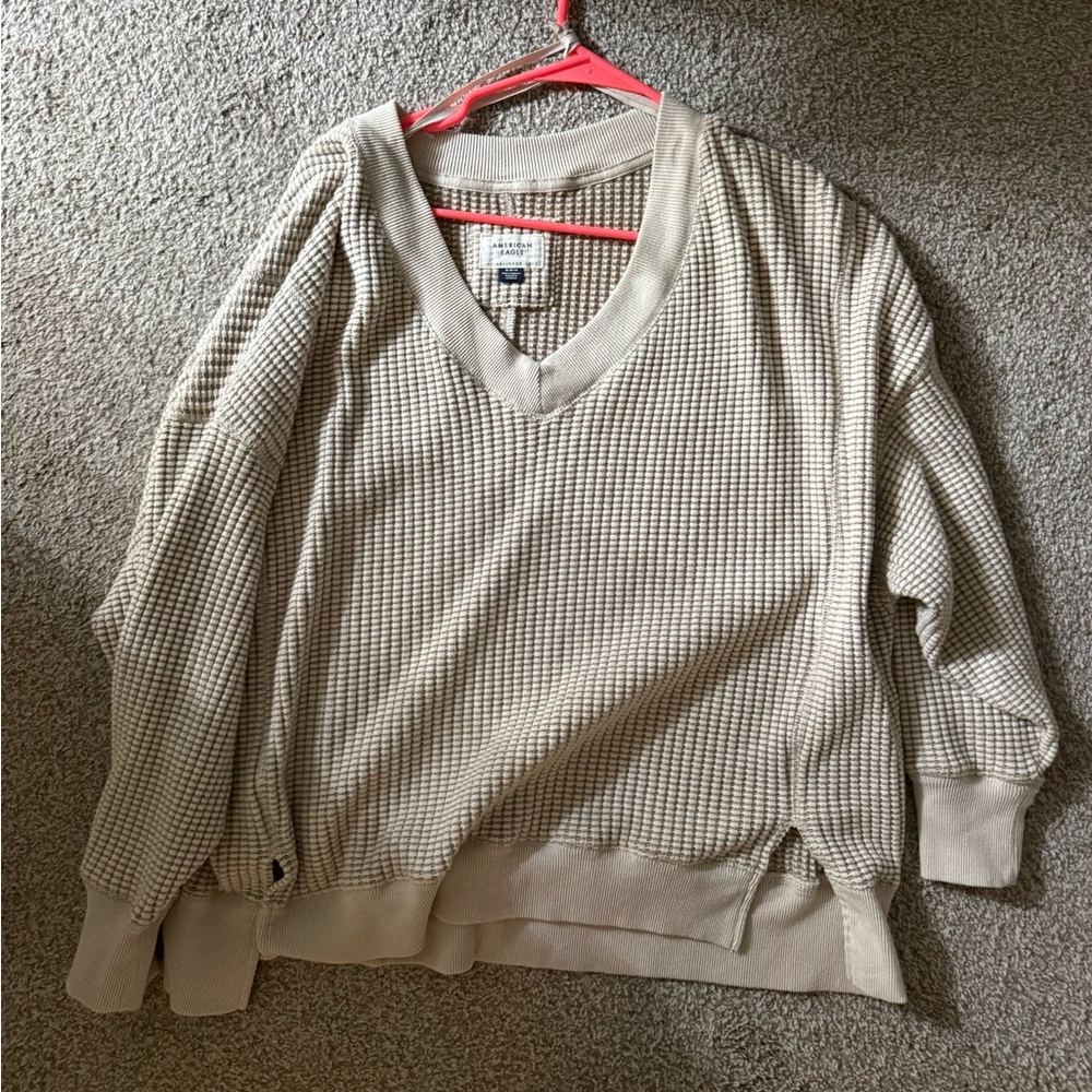 Women's Beige Waffle V-Neck Sweater